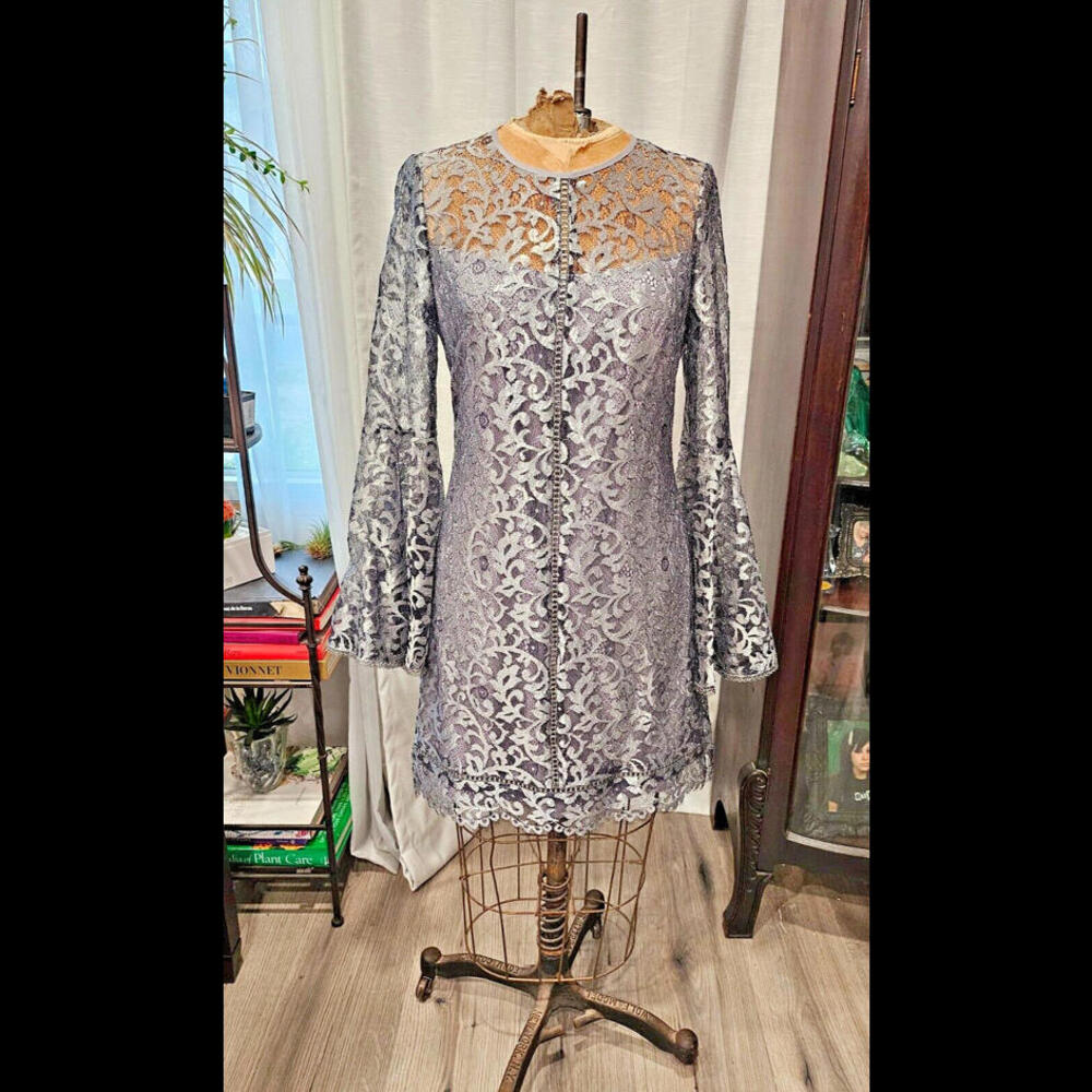 WHBM Silver Metallic Lace Bell-Sleeve Shift Dress sz 6 NWT FREE SHIPPING